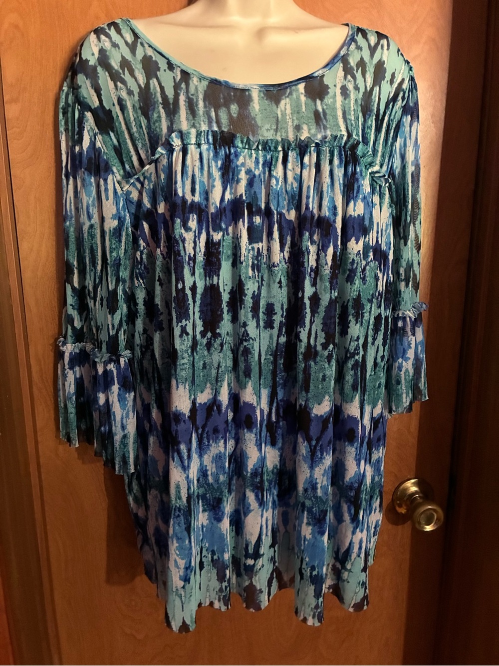 Flowy Blue Green Tie-Dye Womens Tunic Top